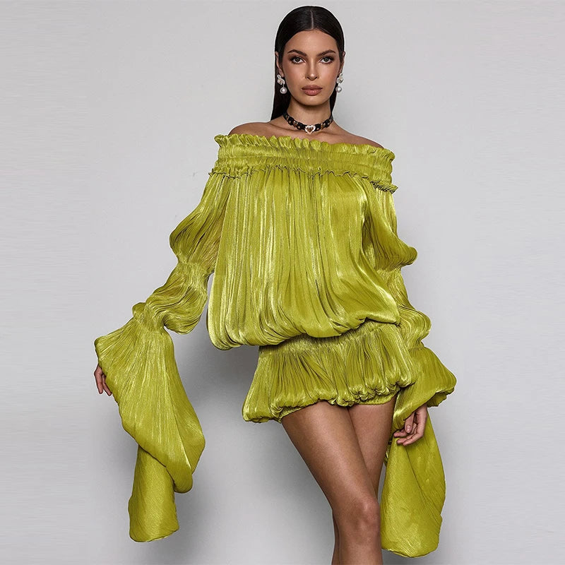 Lime Green Off-shoulder Pleated Short Dress Chic Smocked Waist Bubble Vistidos Women's Tiered Full Sleeve Beach Club Party Gown