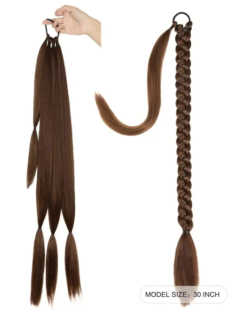 Long Braided Ponytail Hair Extensions With Hair Tie, Straight Wrap-Around Synthetic Hair, Natural Soft