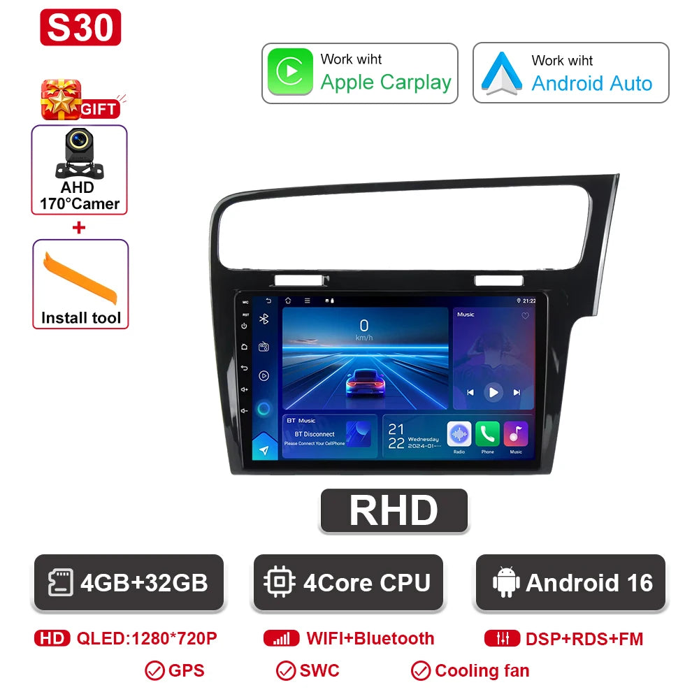 Android Car Stereo for VW Golf 7 MK7 GTI (2012–2021, RHD) — CarPlay, Android Auto, GPS, 2-DIN