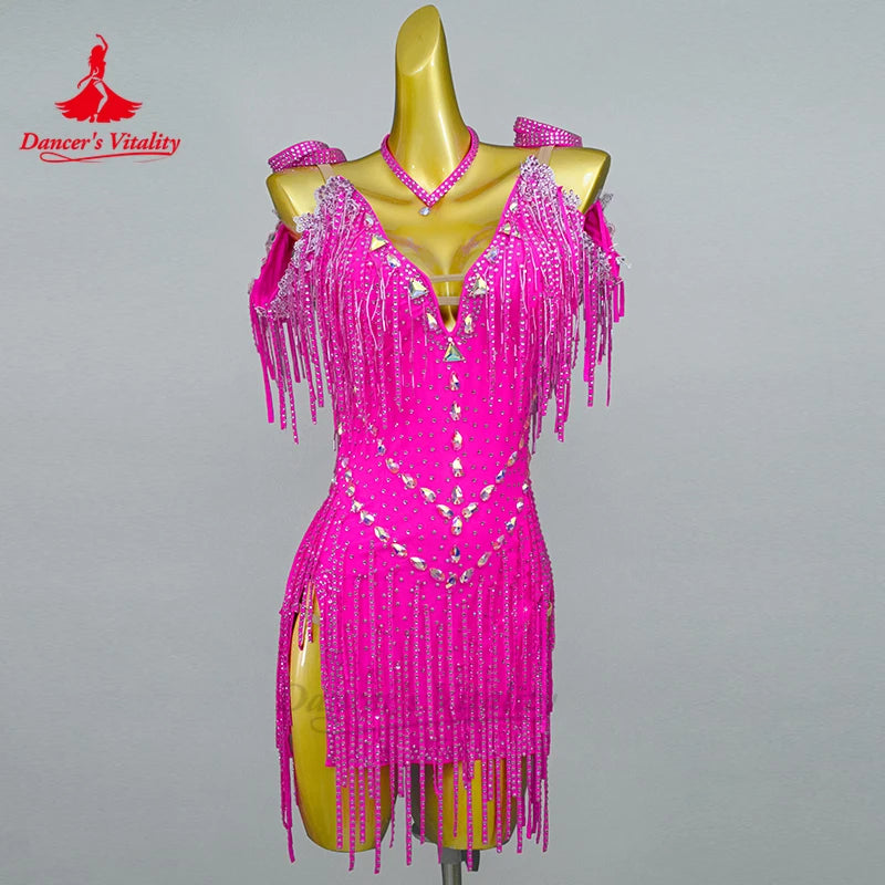 Women's fringe-skirt Latin competition dress with stones