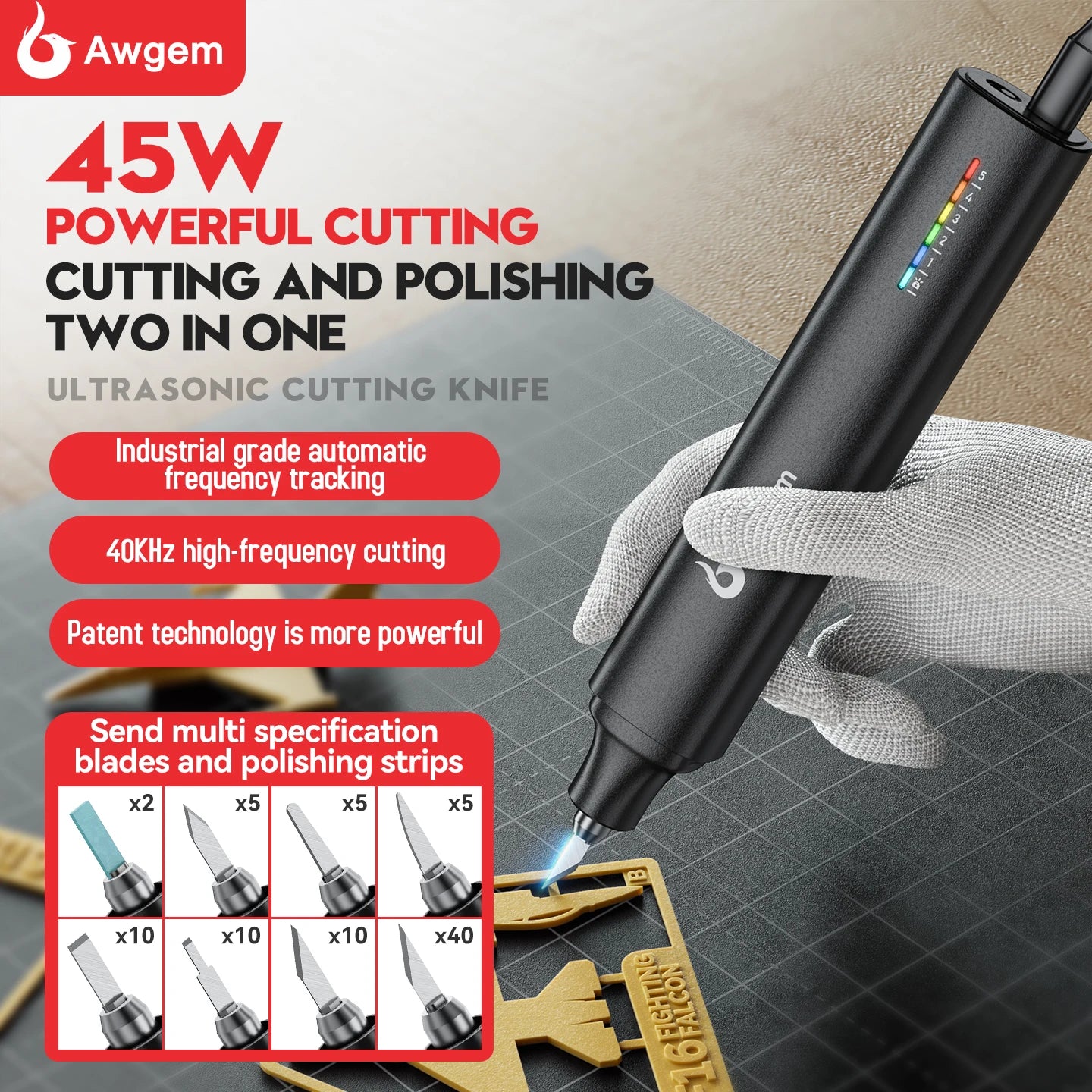 Awgem KH1 Handheld Ultrasonic Cutter Ultrasonic cutting knife DIY Electric Carving Tool for Plastic/Resin/3D Printing/Textile