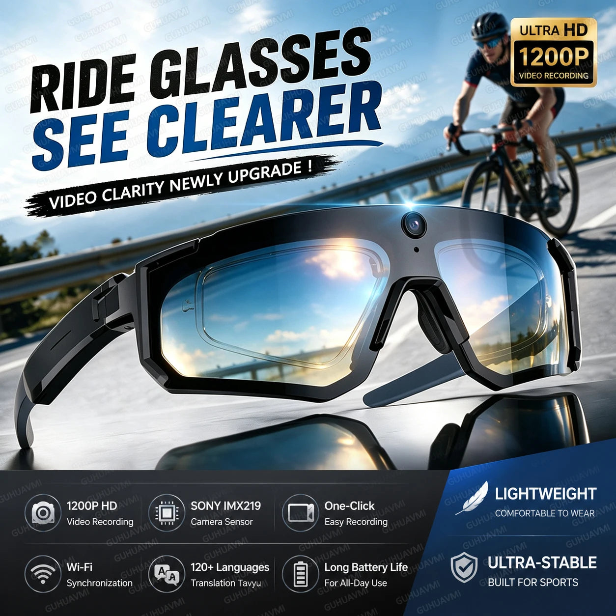 Smart Camera Glasses — 1200P Anti-Shake Video for Cycling