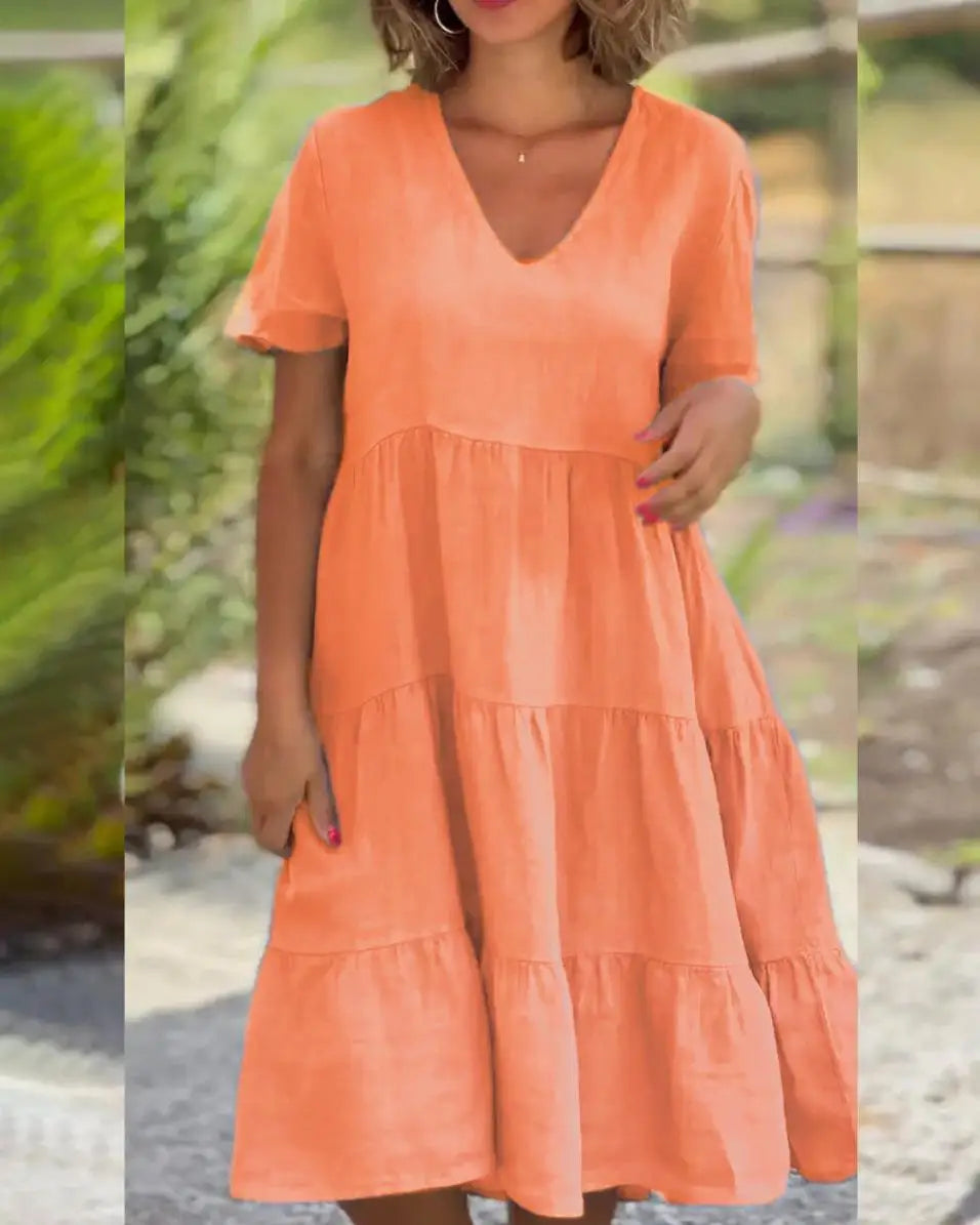 Cotton Linen Casual Women's Dresses 2026 Spring/Summer Sweet  Short Sleeve Solid V-neck Large Swing Loose Dress  S-5XL
