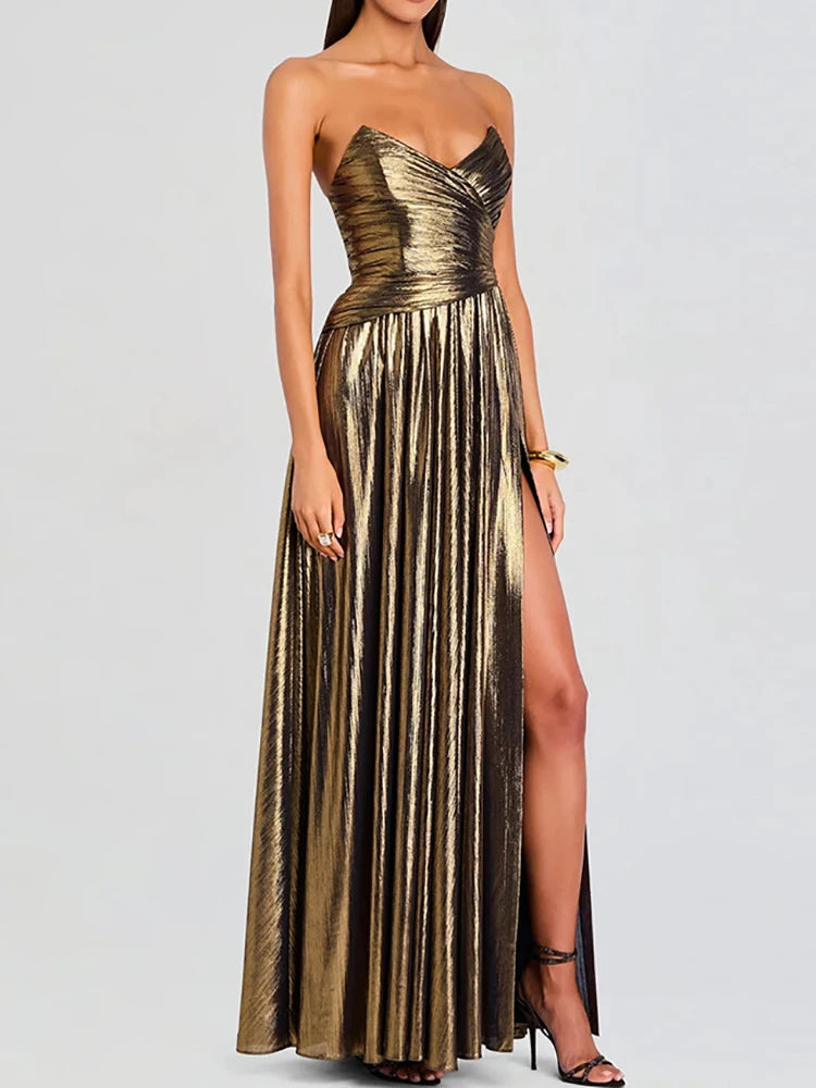 Women Spring Summer Sleeveless Casual Maxi Dress Strapless Elegant Fashion Party Dress Office Lady Retro High Slit Dress Vestido