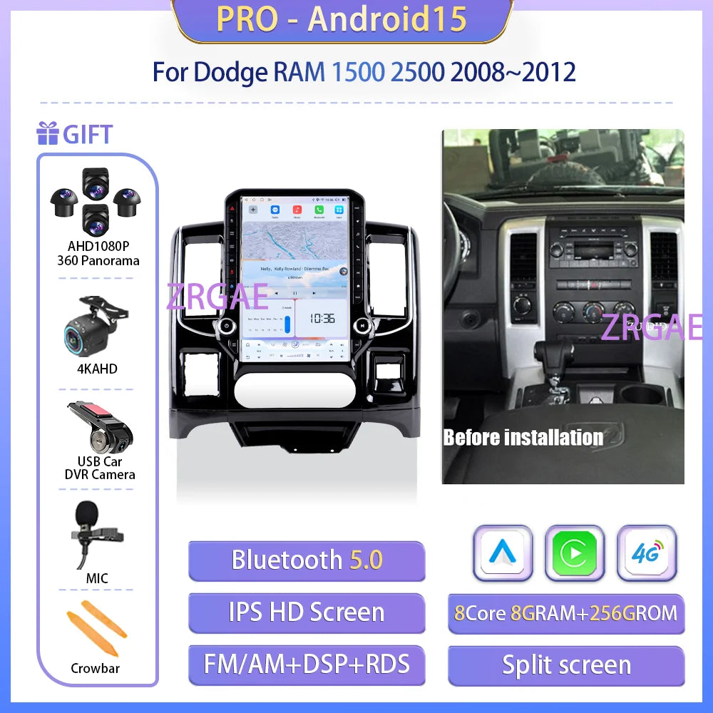 14.5" Android 15 Car Radio with Wireless CarPlay — Dodge RAM 1500/2500 (2008-2012)