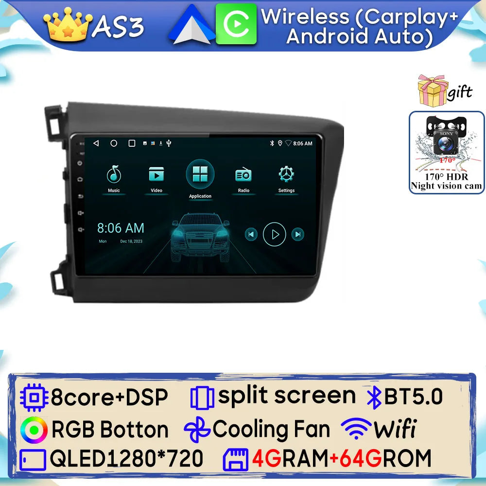 Car Stereo with Apple CarPlay & Android Auto, Compatible with Honda Civic 9 (2012-2015)