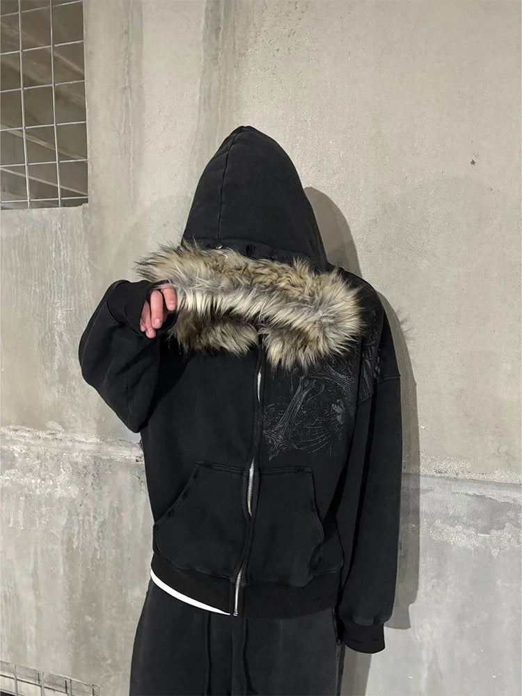 Women's Faux Fur Collar Zip-Up Hoodie, Gothic Streetwear