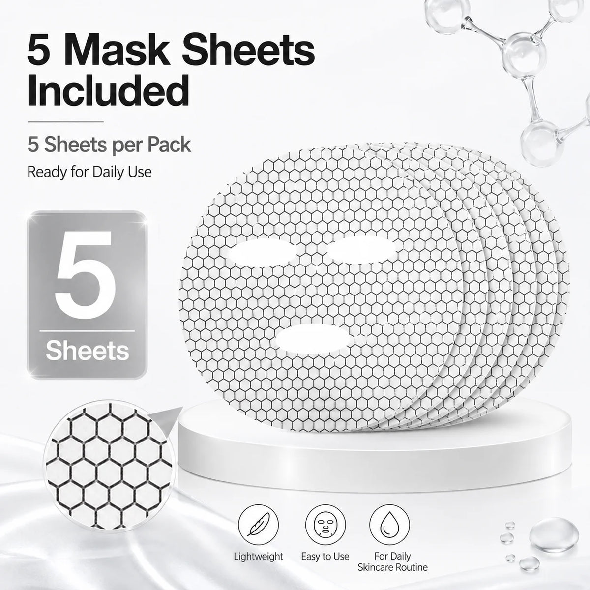 5 PCS Graphene Pattern Facial Mask Sheets, Hexagon Face Mask Sheets, Pre-Cut Lightweight Sheets for Daily Skincare