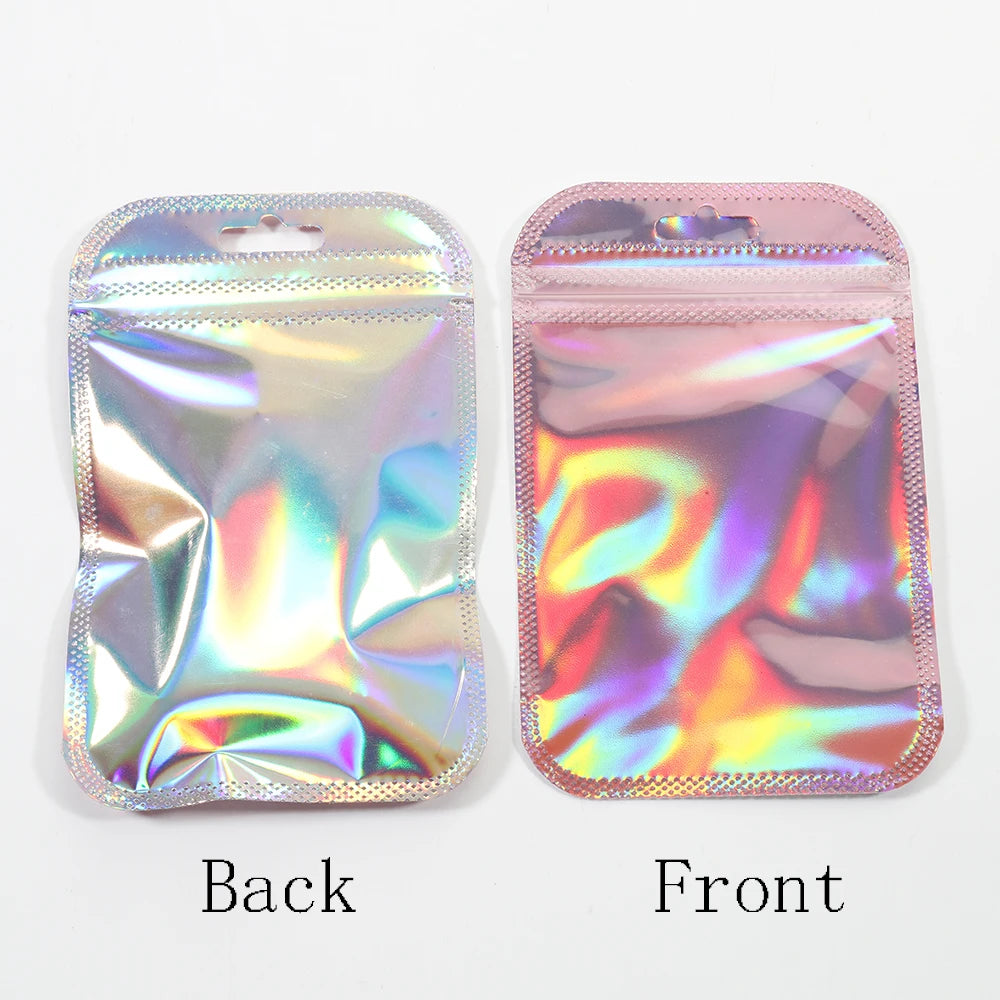 50pcs/lot Pink Laser Ziplock Bags Reusable Plastic Transparent Bags for Jewelry Packaging Cosmetic Retail Display Bags