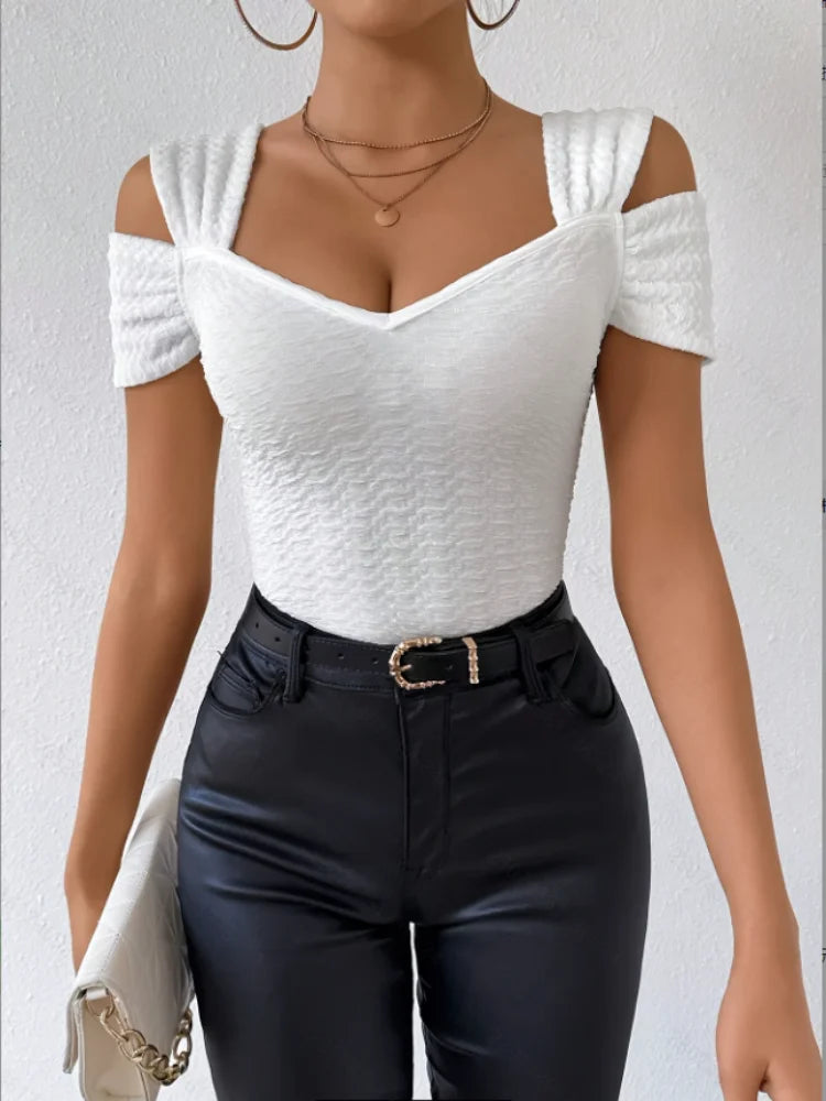 Sexy Off-Shoulder Women's Slim Tops Fashionable Solid Color T-Shirts Spring Summer Simple Short Sleeve Female V-Neck Blouse