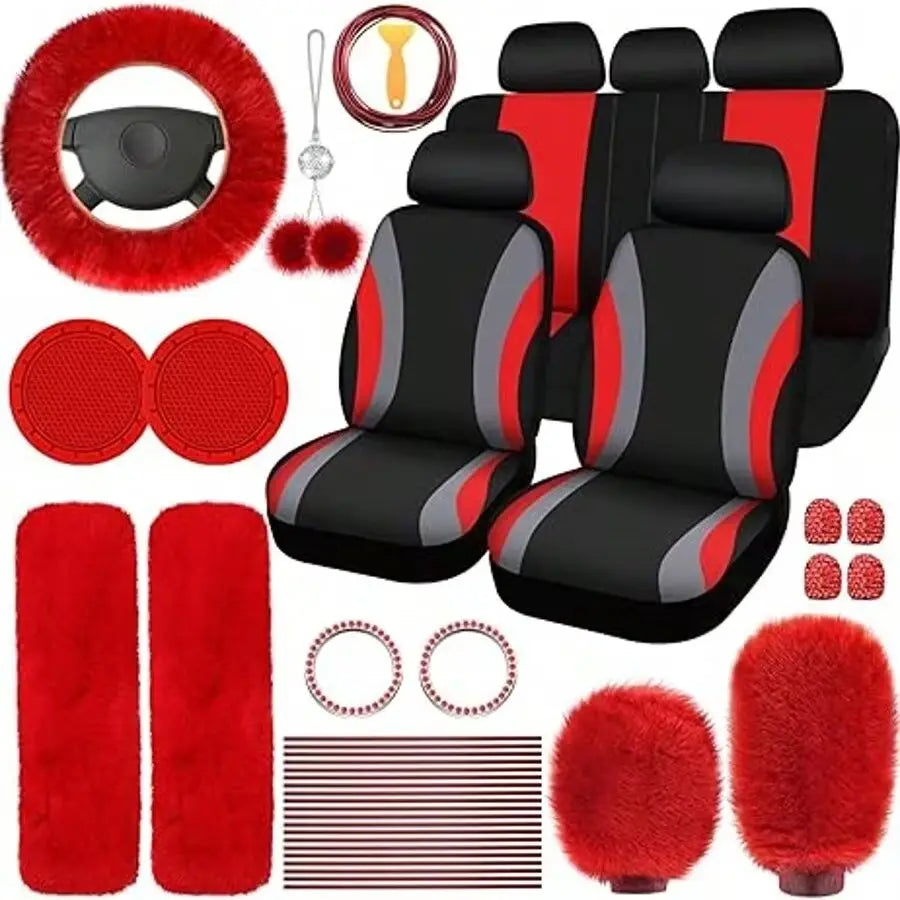 35-Piece Luxury Car Seat Cover Set - Soft Fluffy Steering Wheel Cover, Universal Safety Belt Protectors, Gear Shift Cover, Fashionable Interior Accessories For Women - Premium Polyester Fiber, Easy To Install, Stylish, And Pr