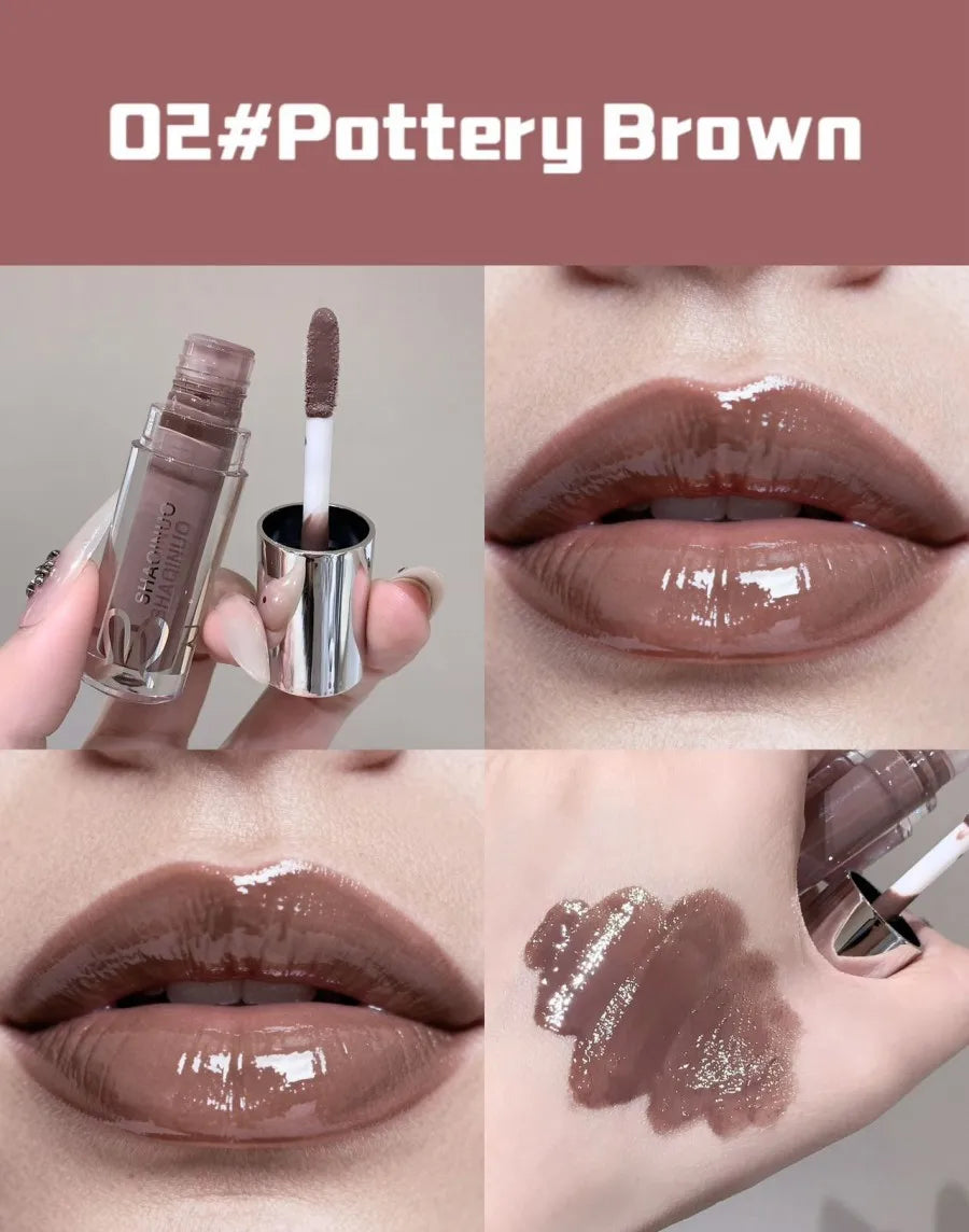 SHAQINUO Water Light Mirror Lip Gloss Lasting Moisturizing Cool Black Silver Gray Pearlescent Fine Sparkling Lipstick Lip Oil