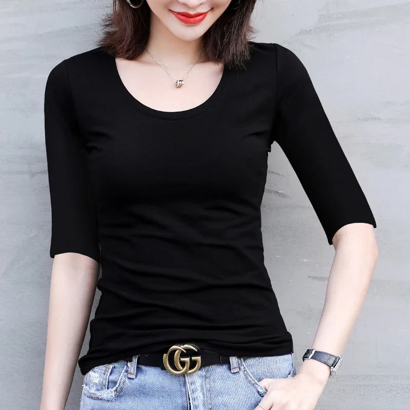 MRMT Women's White Mid-Sleeve Bottoming T-Shirt – Half Sleeve Tight O-Neck Top 2026