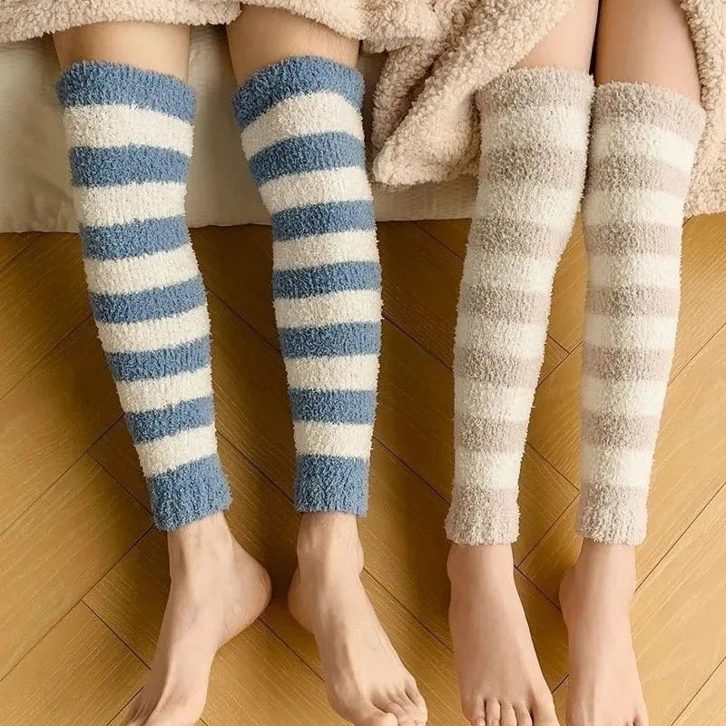 Women's Striped Coral Fleece Leg Warmers, Over the Knee