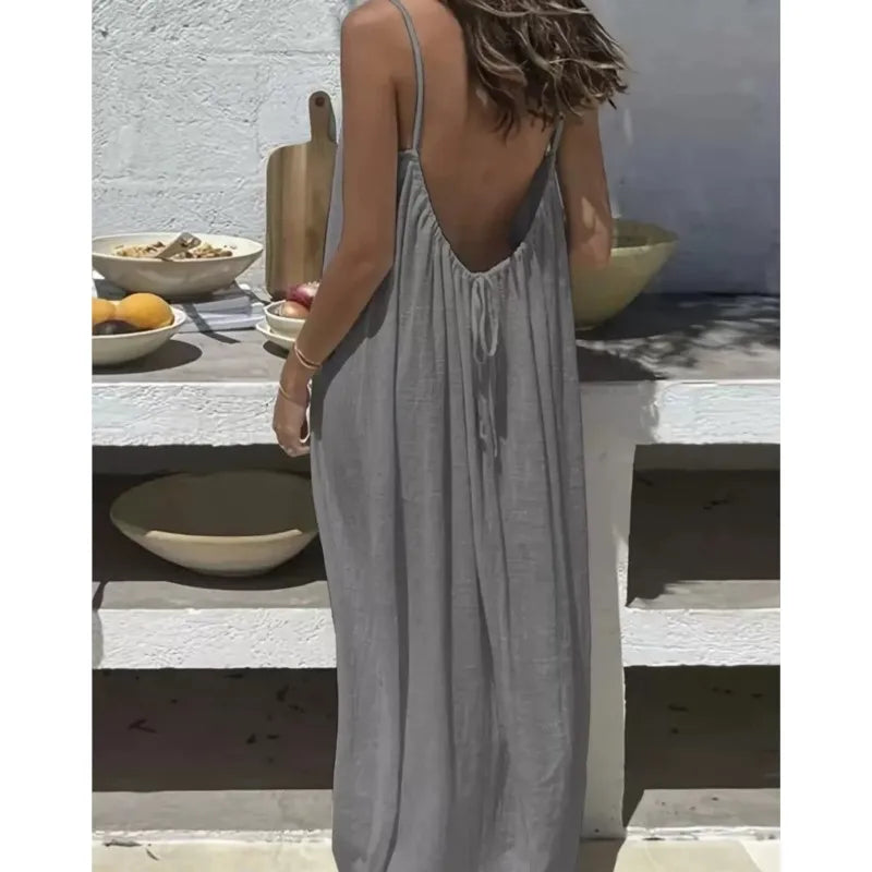 Casual Solid Loose Dress For Women Sexy Sleeveless Spaghetti Strap Backless Lace-up Robe Femme Holiday Beach Party Clothes New