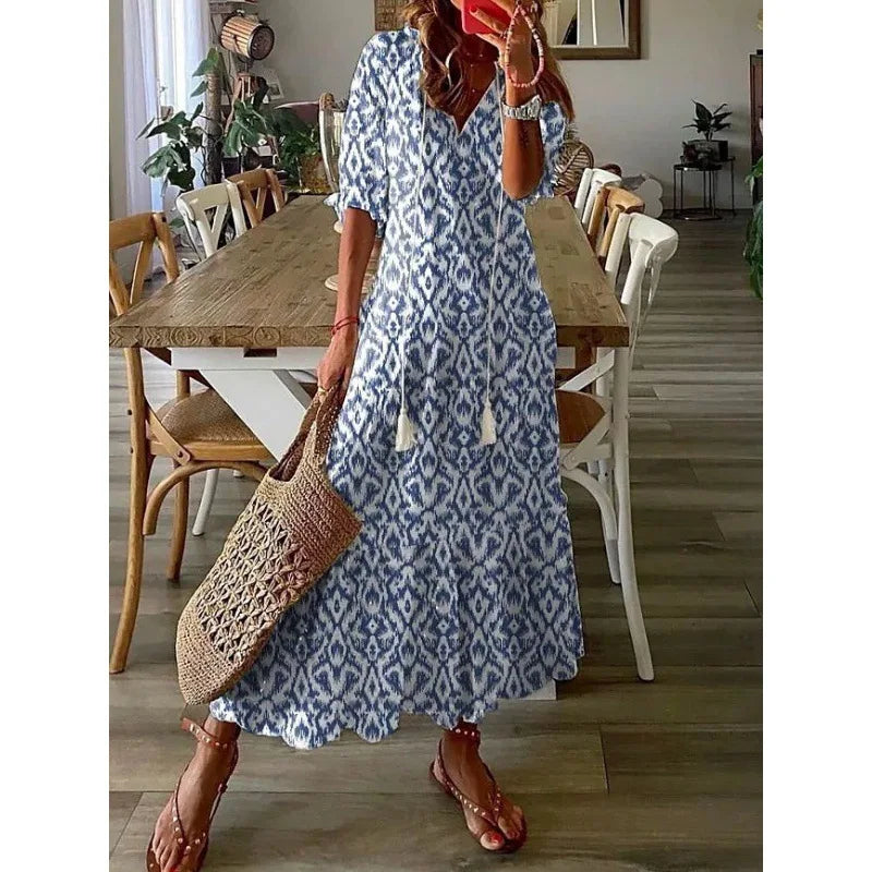 2026 Women Vintage Print Bohemian Dress Summer Fashion V Neck Half Sleeves Long Dresses Female Casual Holiday Beach Dresses