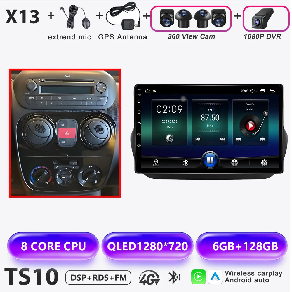 Car Stereo with Apple CarPlay & Android Auto, Compatible with Fiat Fiorino & Qubo, Citroen Nemo & Peugeot Bipper
