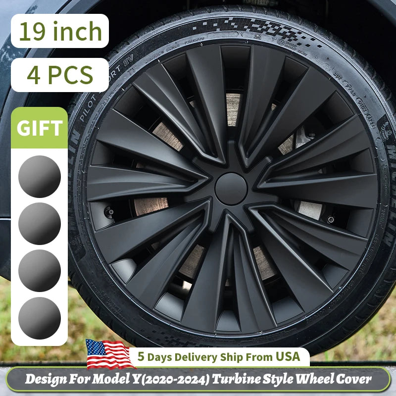 4PCS for Model Y 2020-2024 4PCS 19 Inch New Turbine Style Matte Black Hubcap Cover Hub Cap Replacement Wheel Cap for Tesla