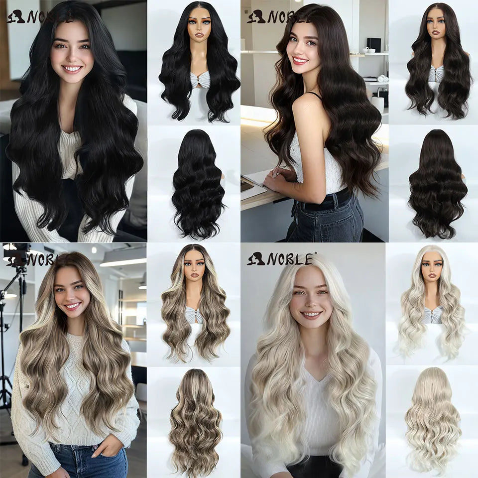 Noble Synthetic Lace Front Wigs For Woman Long Body Wave Wear and Go Glueless Wig Ombre Brown 6x4 Pre Plucked Pre Cut Lace Wig