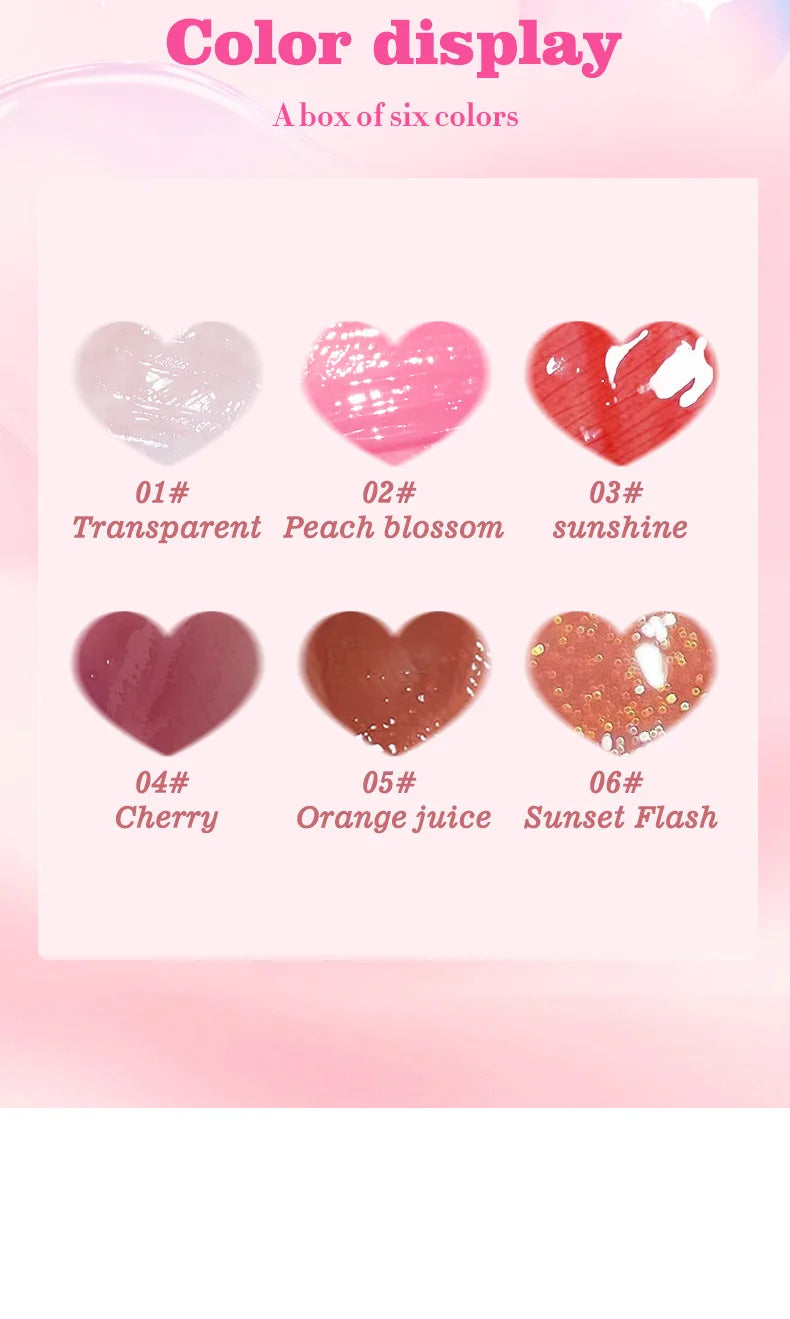 6 Pieces Glass Mirror Lip Gloss Set Hydrating Lightweight Lip Balm Glossy Shimmer Sheer Tint Peach Cherry Pink