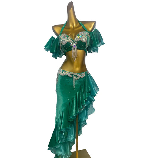 Green diagonal lace skirt belly dance dress