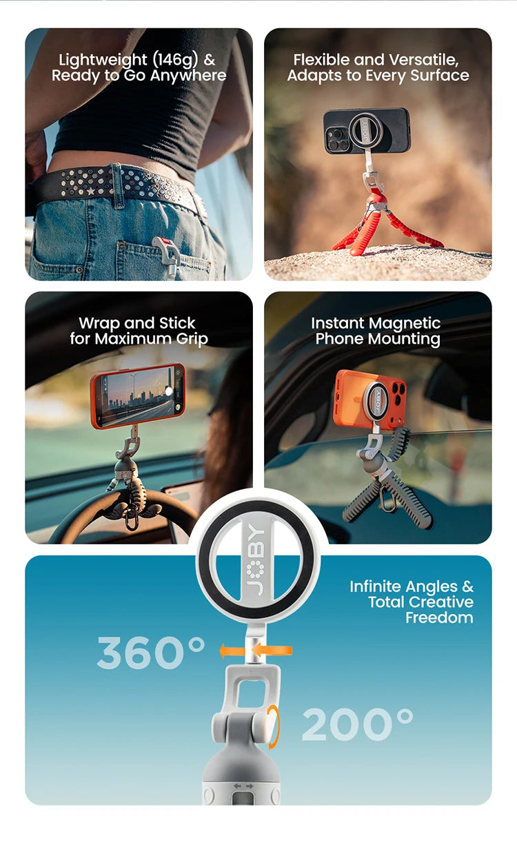 JOBY PZ01 Flexible Phone Tripod Aluminum Alloy Magsafe Adapter Ring Magnet Mini Octopus Tripods for iPhone Travel Vlog Tiktok