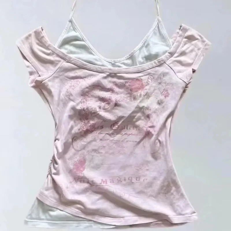 Women's Vintage Harajuku V-Neck Backless Crop T-Shirt – Grunge Y2K Patchwork Subculture Tee