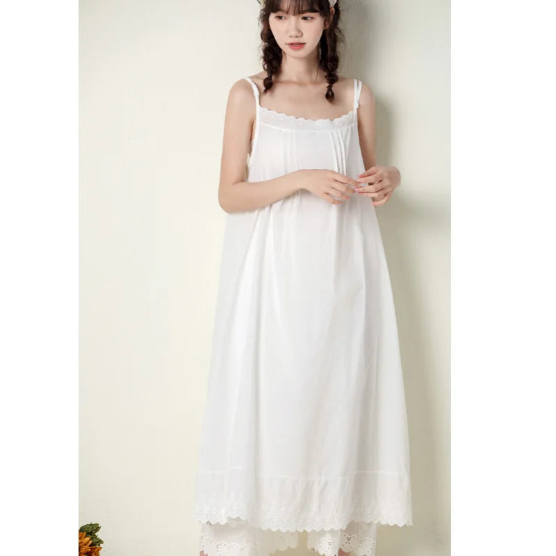 Johnature 2026 Summer New Japanese Casual Spaghetti Strap Thin All Match Dress For Women Solid Color Cotton Female Dresses