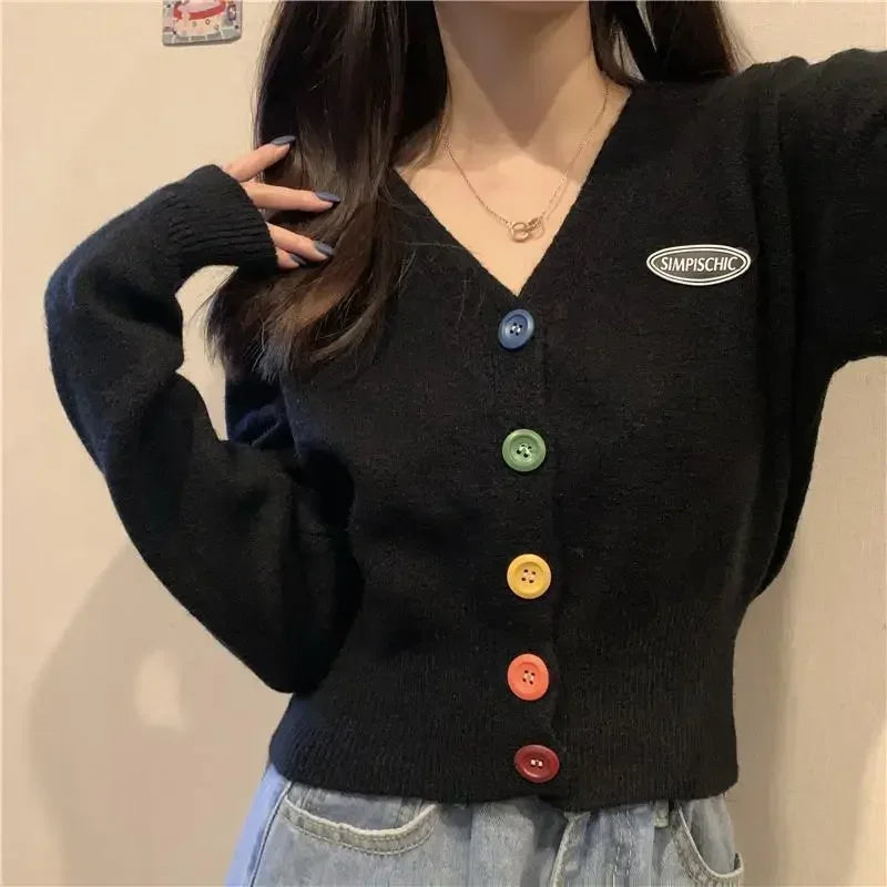 Cardigan for Women Long Sleeve Knitted Sweaters Sweater Cropped Crochet Kawaii V Neck Cardigans Woman Black Tops Cute 2025 Trend