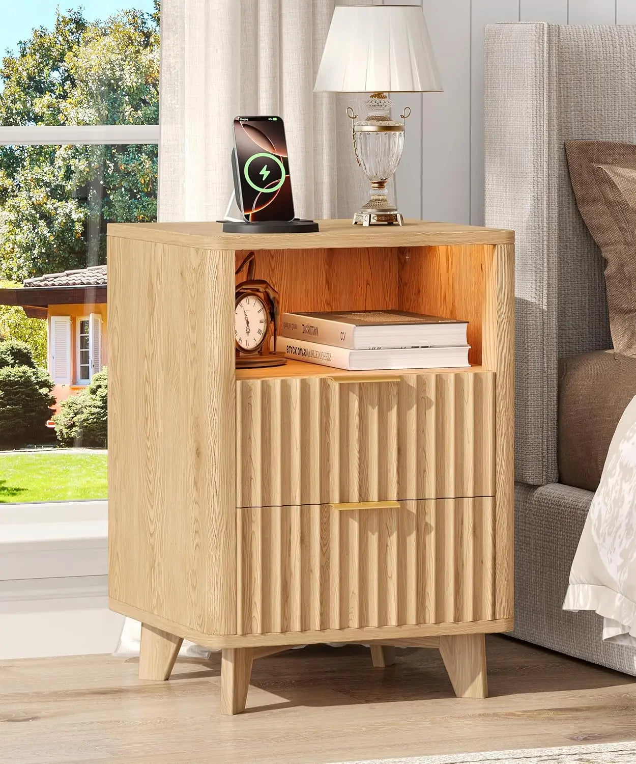 Fluted Nightstand Set USB LED 2 Drawers Shelf Small Bedroom Oak,Customized