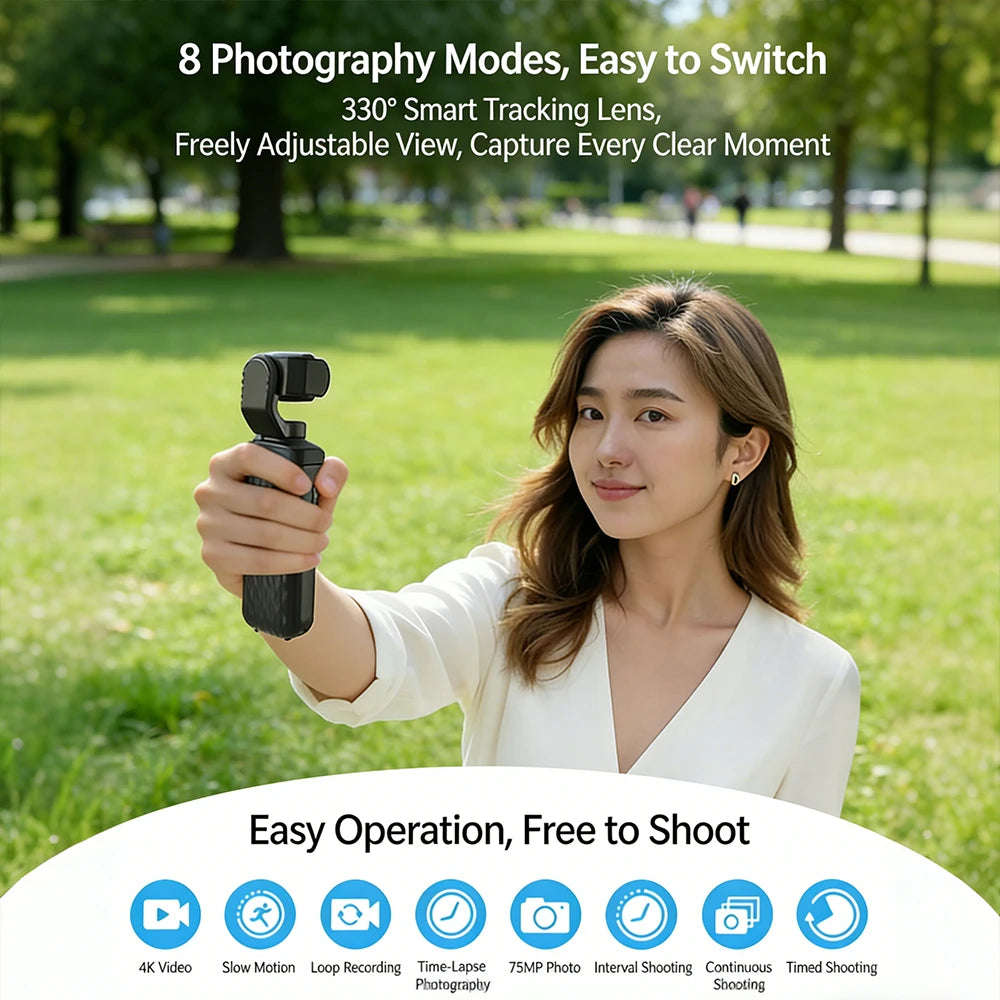 4K Handheld Gimbal Camera — 75MP AI Tracking Touchscreen Vlog Cam