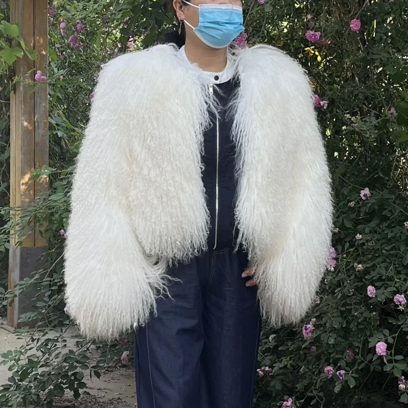 Women's Mongolian Sheep Fur Jacket, Round Neck