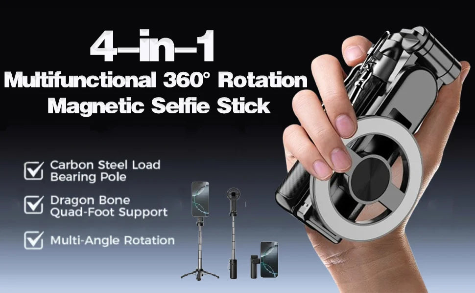 Magnetic Pocket Selfie Stick, 4 in 1 Magnetic Selfie Stick Tripod Stand for iPhone, 360° Rotation Extendable Detachable Tripod