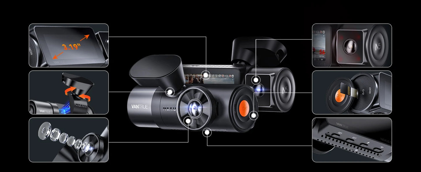 Vantrue N5 DashCam 4 Channel WiFi 360° All Sides  STARVIS 2 IR Night Vision Voice Control GPS Car Dash Cam Support 512GB Max