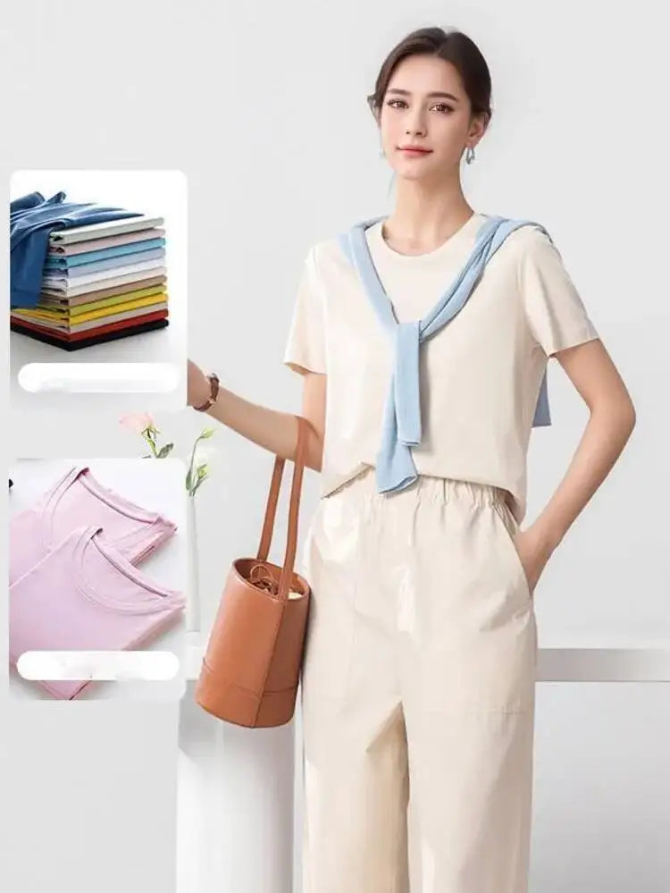 Women's Luxury Mulberry Silk Cotton T-Shirt – Loose Round Neck Short Sleeve Solid Basic Top