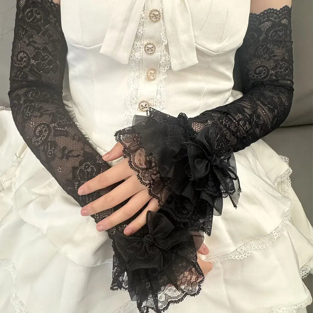 1 Pair Women Lolita Jk Lace Fingerless Gloves Black Gothic Fake Sleeves Trendy Elastic Long Lace Arm Sleeves Clothes Decoration