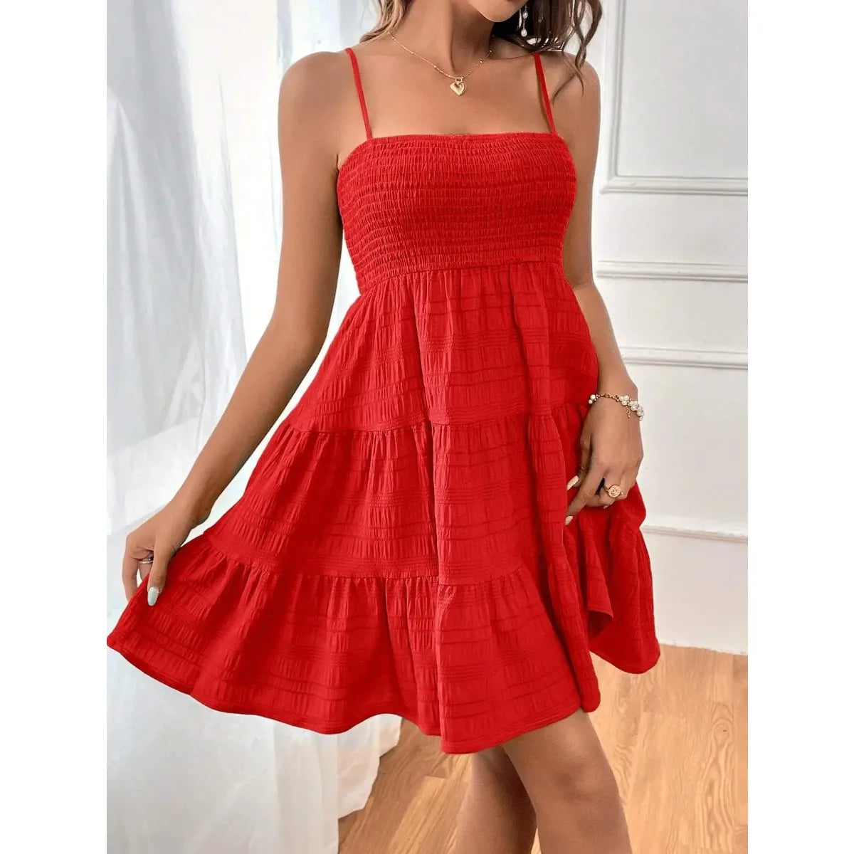Women's Smocked Tiered Mini Dress — Spaghetti-Strap Ruffle Swing Beach Dress