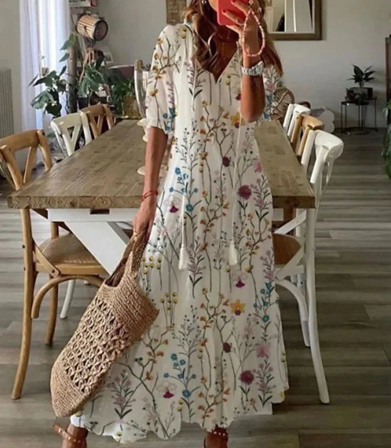 Women's Boho Maxi Dress – Casual V-Neck Drawstring Long-Sleeve Printed Bohemian Dress