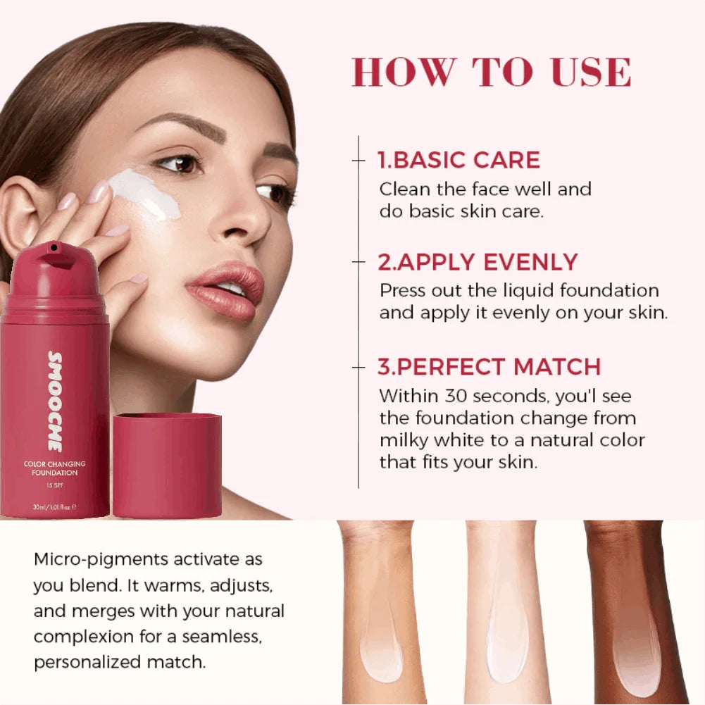 Smooche Color Changing Foundation Self-Adjusting Shade High Covers Imperfections Long-Lasting Makeup Retention Korean Cosmetics