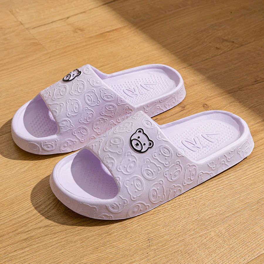 Fashion Cute Printting Bear Women's Slippers Bathroom Non-slip Thick Soft Sole Summer Indoor Comfy Beach Leisure Couple Shoes