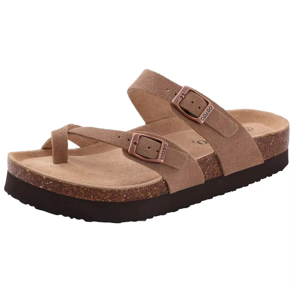 Crestar Women Cork Footbed Slippers Summer Couple Adjustable Double Buckles Flat Sandals Outdoor Cork Beach Slides With Open Toe