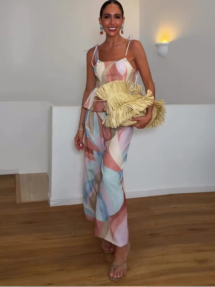 Pastel Cami & Wide-Leg Pants Set — Ruffle 2-Piece Outfit