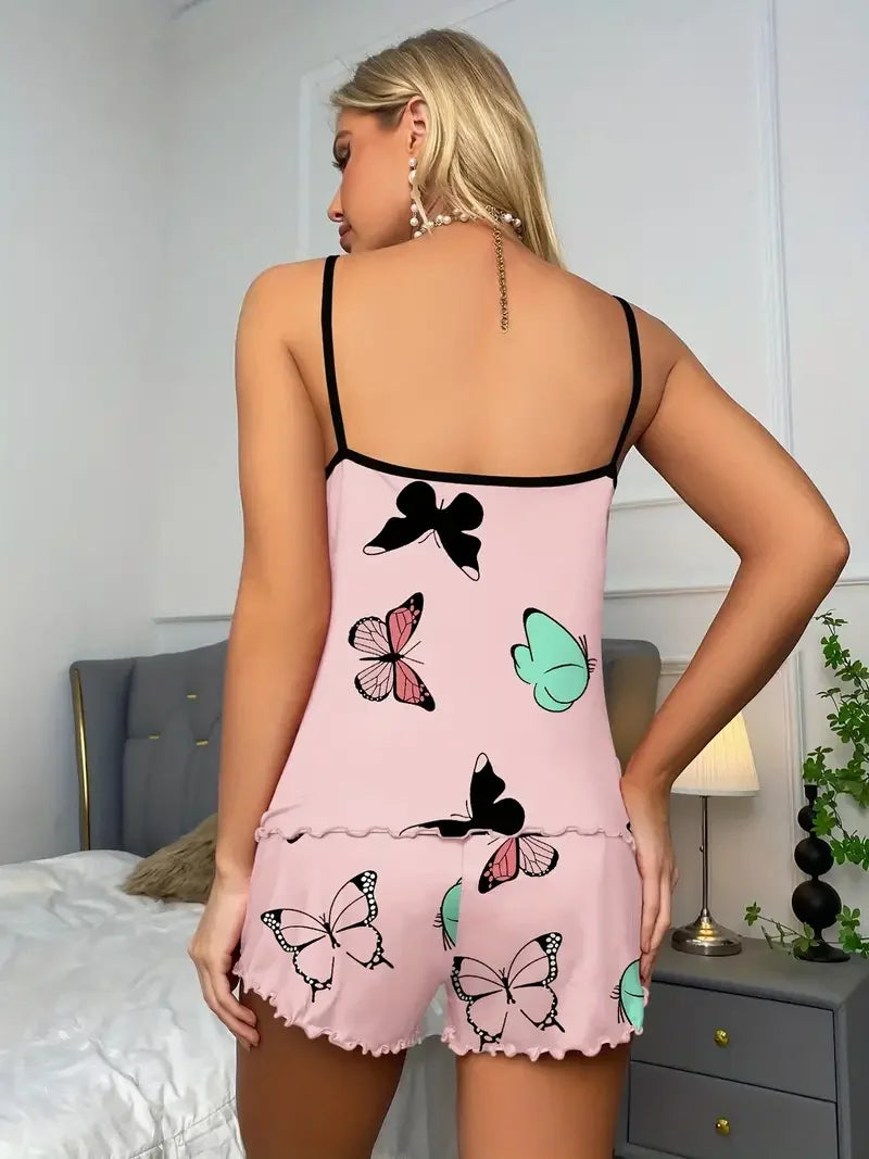 MMAlto Women's Butterfly Print Pajama Set – Lettuce Trim Cami Top & Shorts Sleepwear