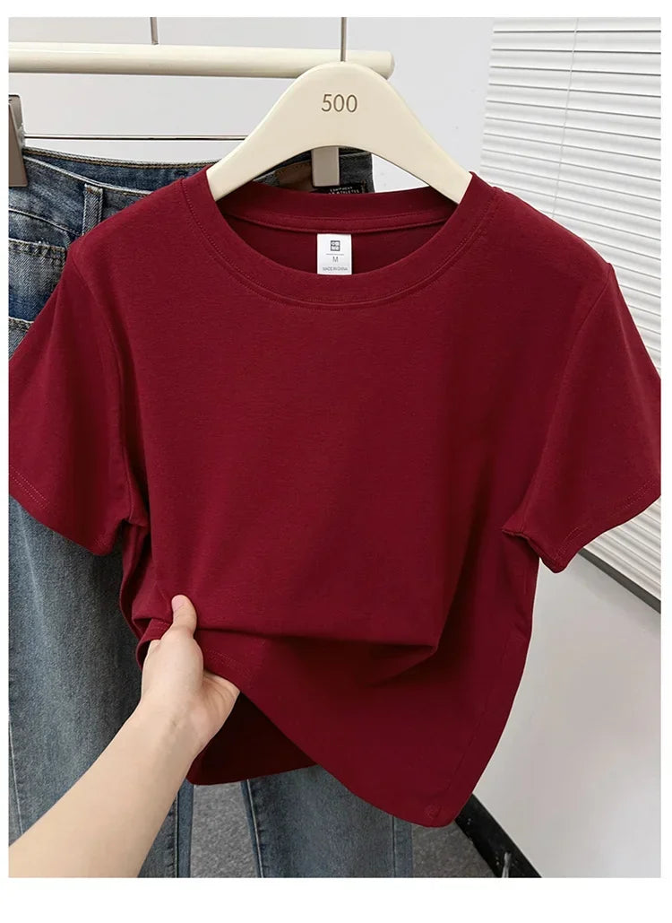 Women's Solid Short Sleeve Tee — Casual Y2K Top