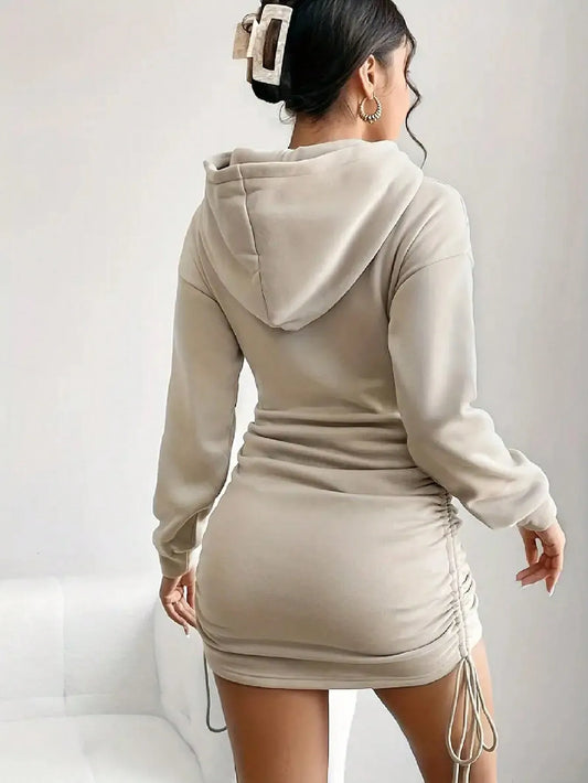 2026 women's new casual long sleeved solid color pattern short hooded dress short skirt, suitable for daily outdoor wear