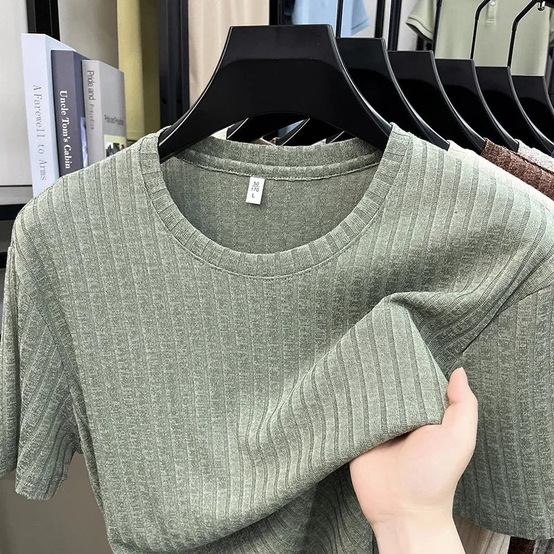 Men's Ribbed Knit Tee - O-Neck Stripe, Lightweight Breathable