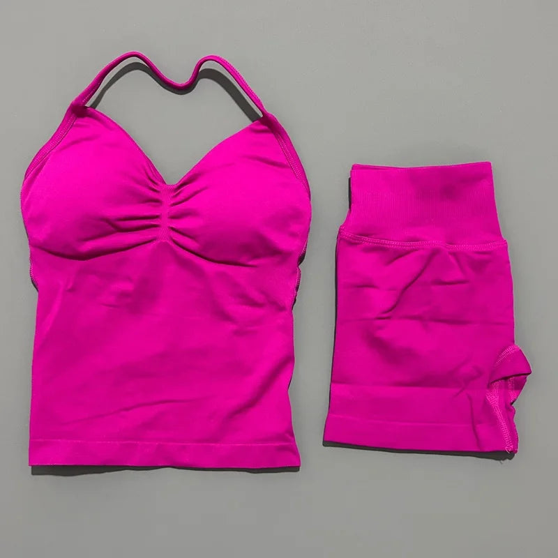 Yoga 2 Pieces Gym Set Women Backless Halter Tops High Waist Seamless Shorts Gym Suit Fitness Sports Bras Sportswear Workout Sets
