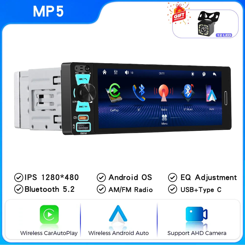 6.86" 1-DIN Car Stereo with Wireless CarPlay & Android Auto — Touchscreen MP5, Bluetooth, FM/AM, USB-C