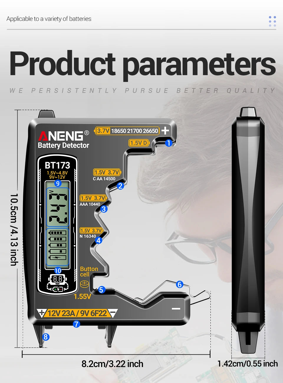 Universal Battery Tester ANENG BT173 Battery Detector Test C D AA AAA N 9V Cell Button Meter Visual Display Testing Tester Tools