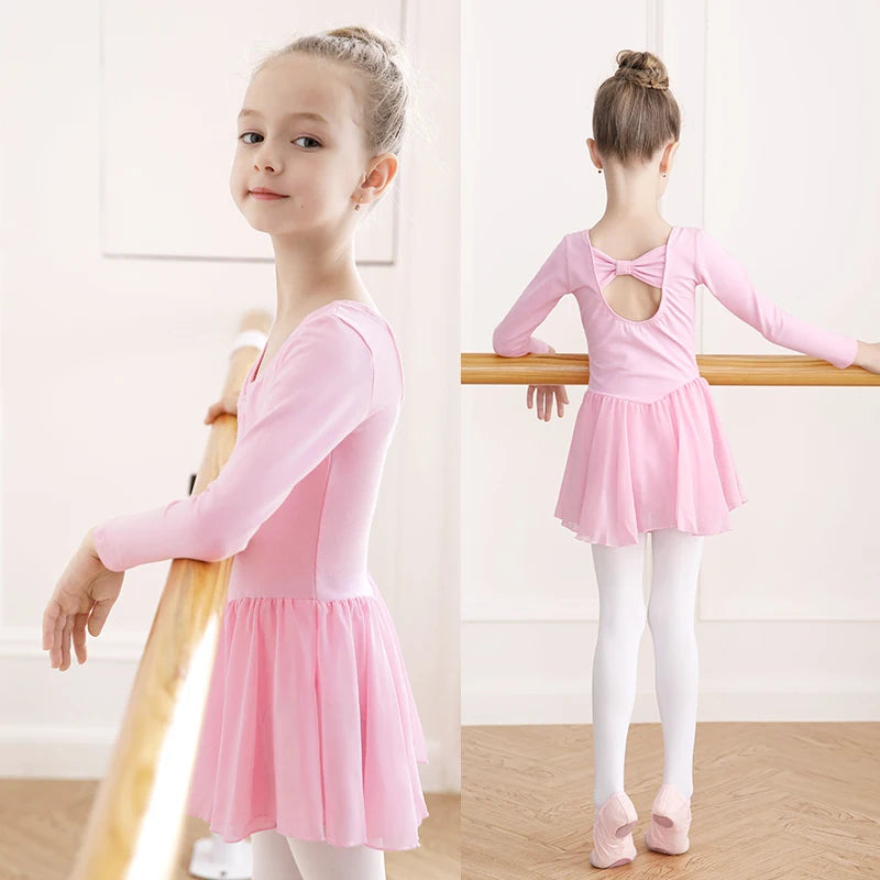 Girl Ballet Leotard with Chiffon Tulle Skirt Kids Bowknot Lyrical Dance Dress Short/Long Sleeve Bodysuit Back Bow Tie Dance Wear